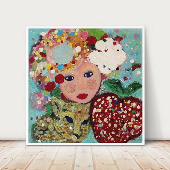 Girl with young leopard and strawberry