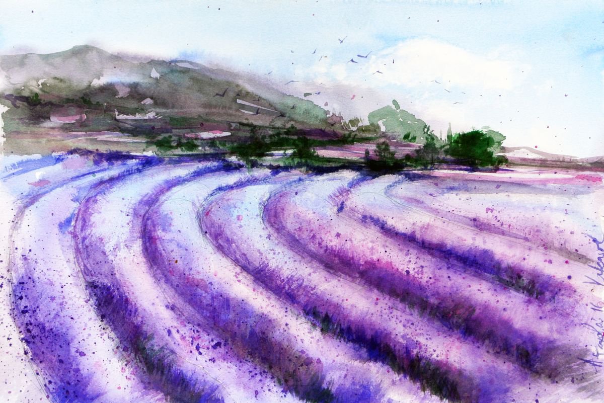 Impressionistic Landscape Watercolour By Ksenia Astakhova, 18 X 12", Plateau De Valensole 1, Original Artwork