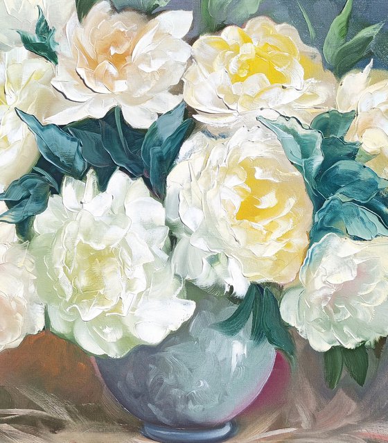 White peonies (60x80cm, oil painting, palette knife)