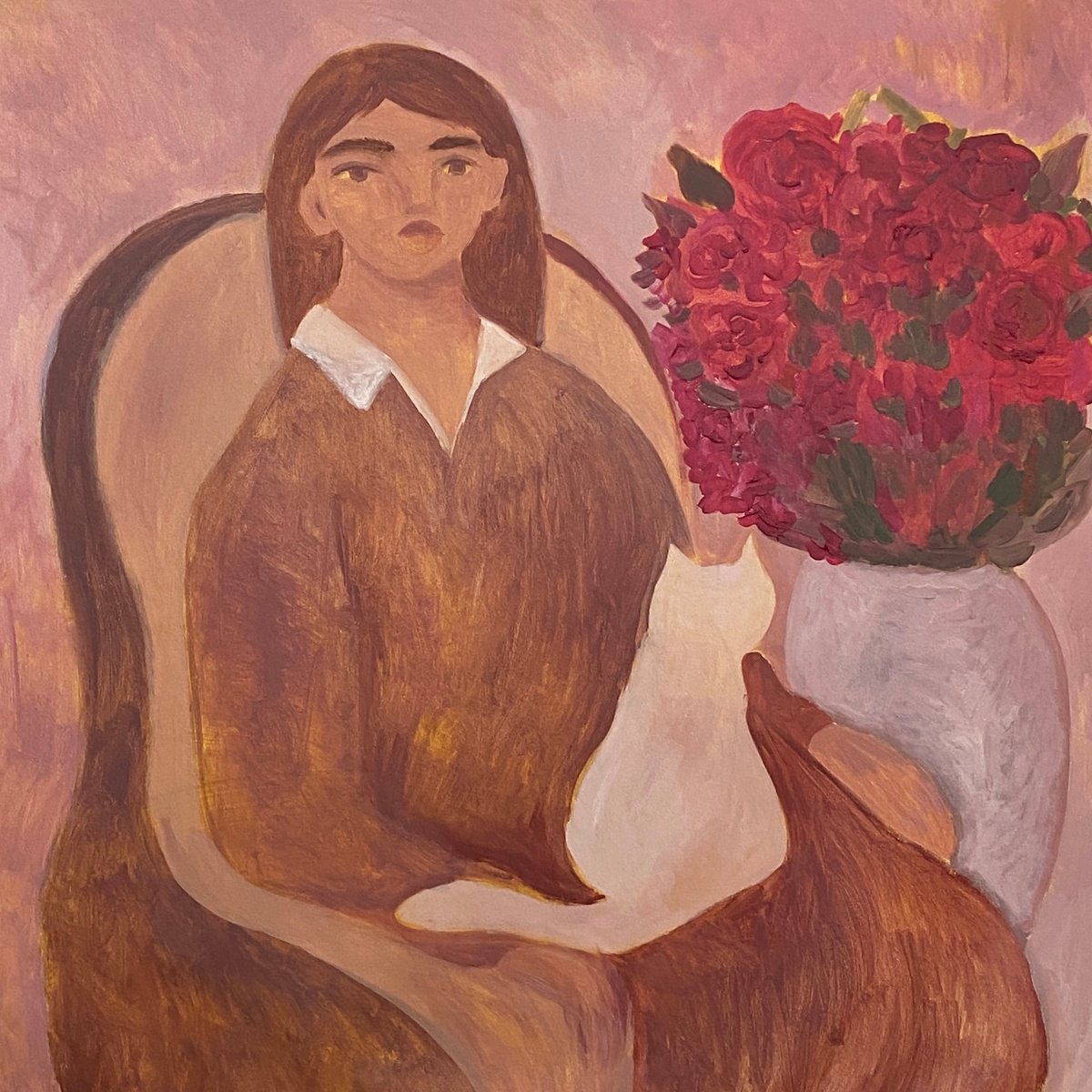 Impressionistic Portrait Acrylic Painting By Dasha Pogodina, 37 X 37, White Cat, Original Artwork