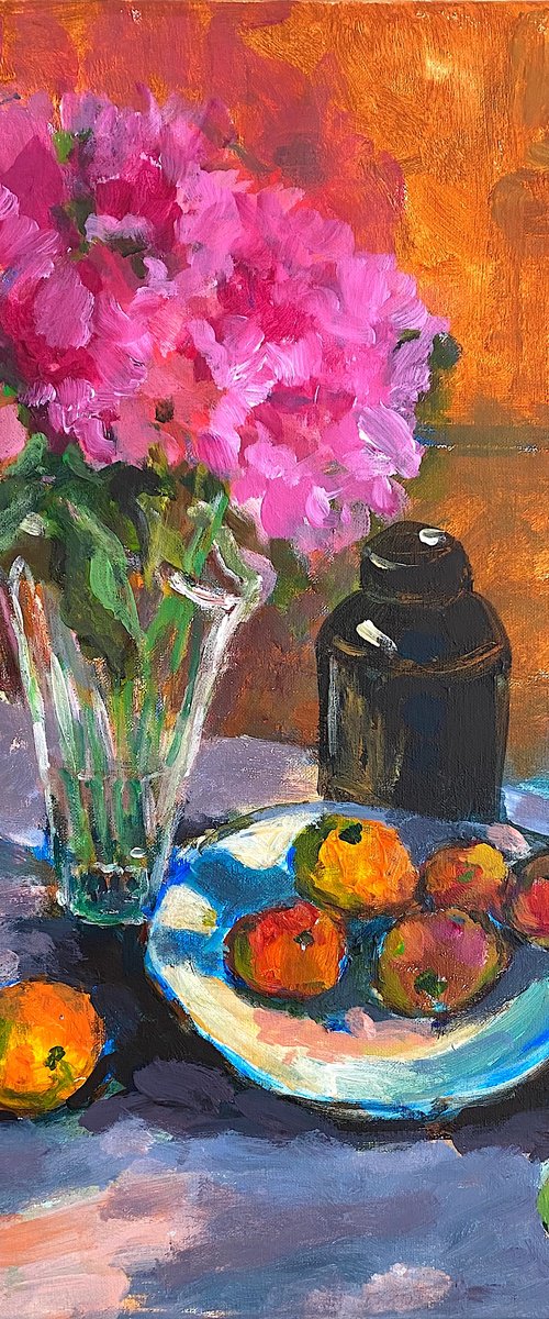 Peonies and Plate of Fruits by Mutlu Ertac