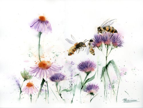 Bees Frolicking in Wildflower Paradise  -  Original Watercolor Painting by Olga Shefranov (Tchefranov)