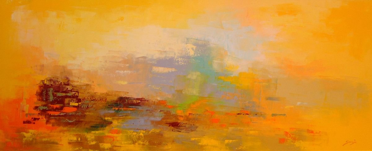 Abstract Landscape Oil Painting By Saroja Van Der Stegen, 41 X 17", Yellow Horizon Ref:808-40Mm, Original Artwork