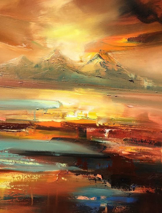 The Promise of a New Day - 70 x 100 cm abstract landscape oil painting in brown and yellow
