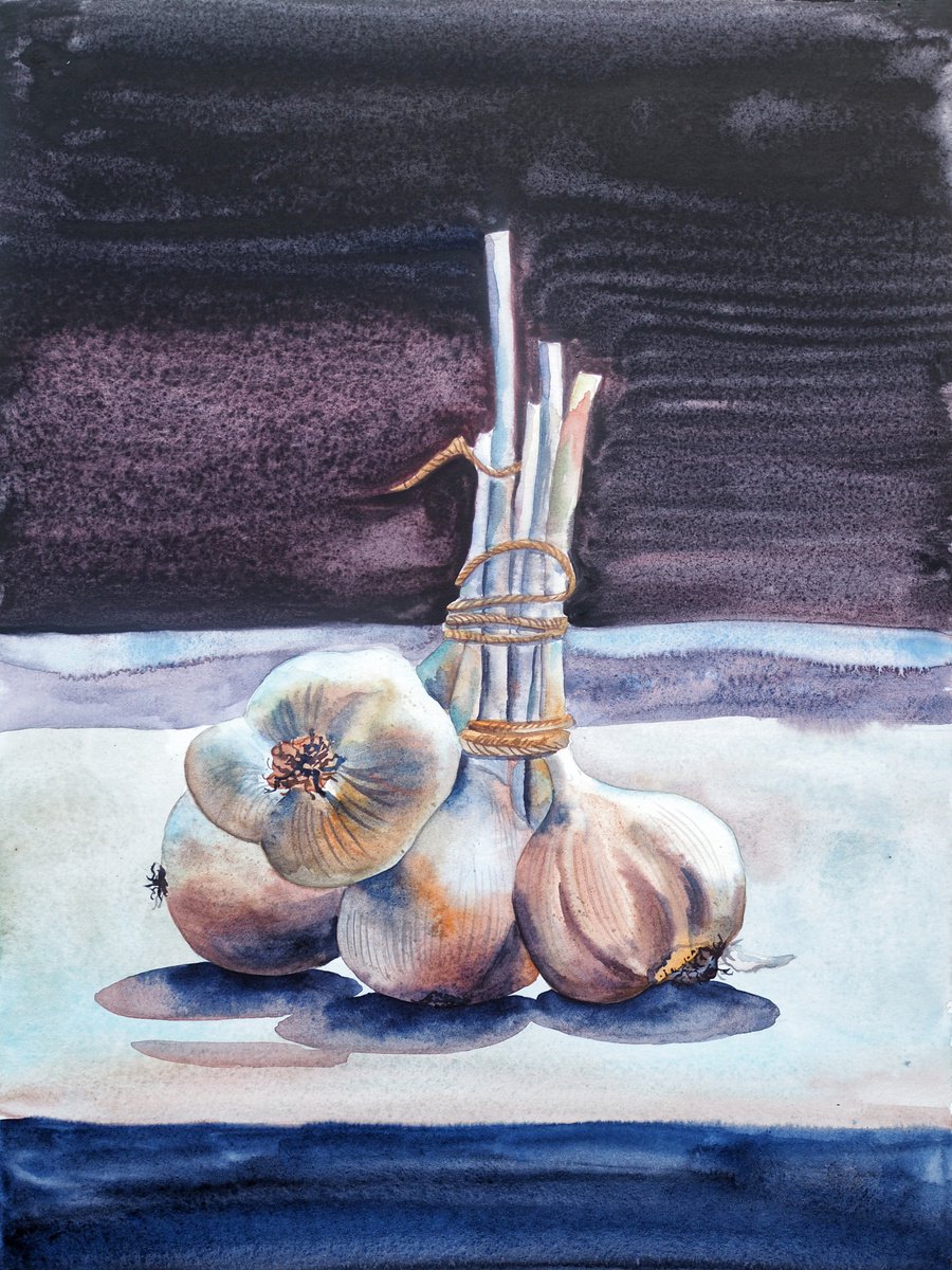 Garlic on darkness light - original watercolor artwork by Delnara El