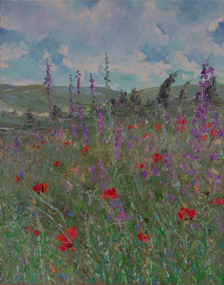 Impressionistic Landscape Oil Painting By Kamsar Ohanyan, 16 X 20", Dance Of Wildflowers, Original Artwork