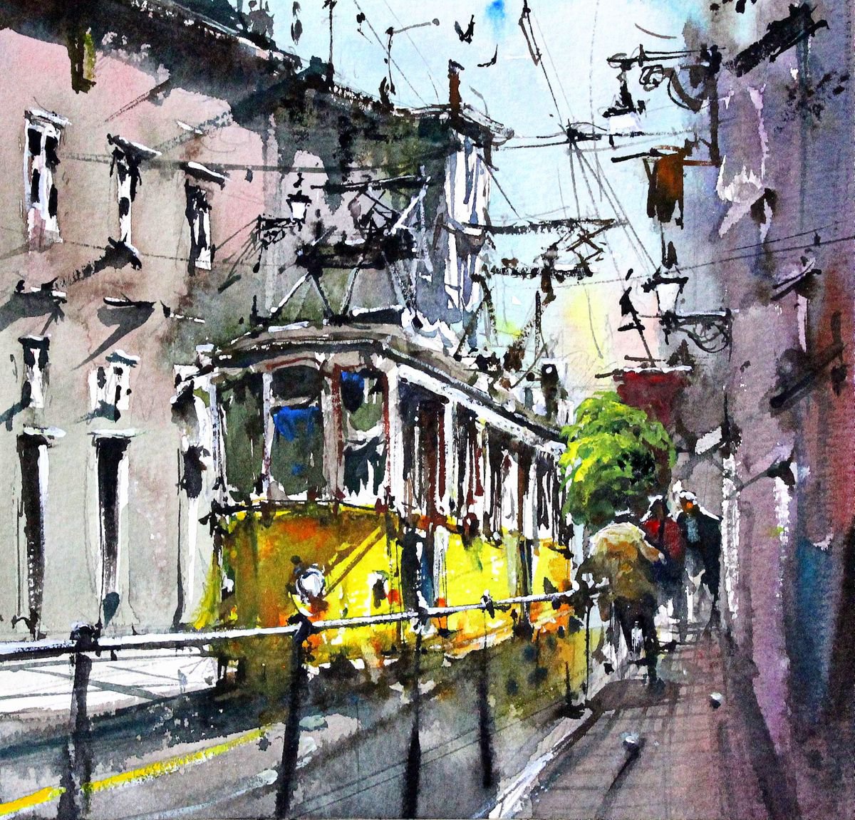 Impressionistic Cityscapes Watercolour By Maximo Damico, 8 X 8", Lisboa Barrio Alto, Original Artwork