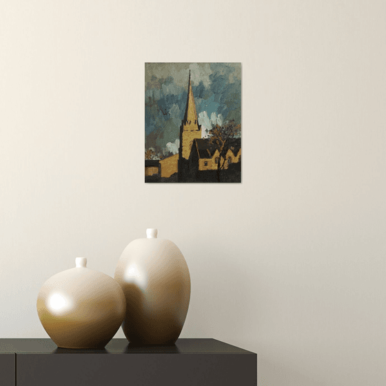 Original Oil Painting Wall Art Signed unframed Hand Made Jixiang Dong Canvas 25cm × 20cm Cityscape The Setting Sun Light Small Impressionism Impasto