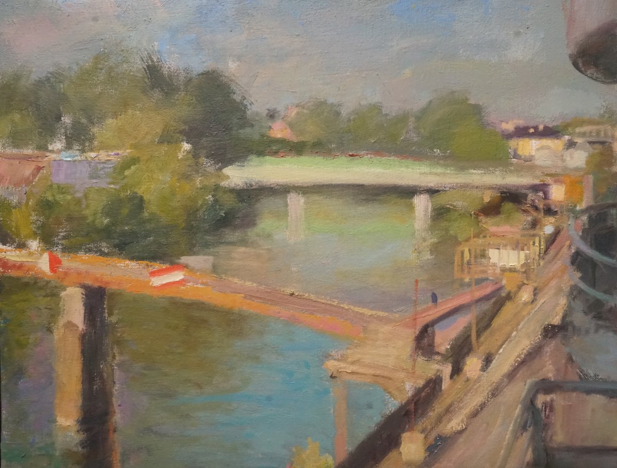 Impressionistic Landscape Oil Painting By Manuel Leonardi, 26 X 20", Twilight On Bridges, Original Artwork