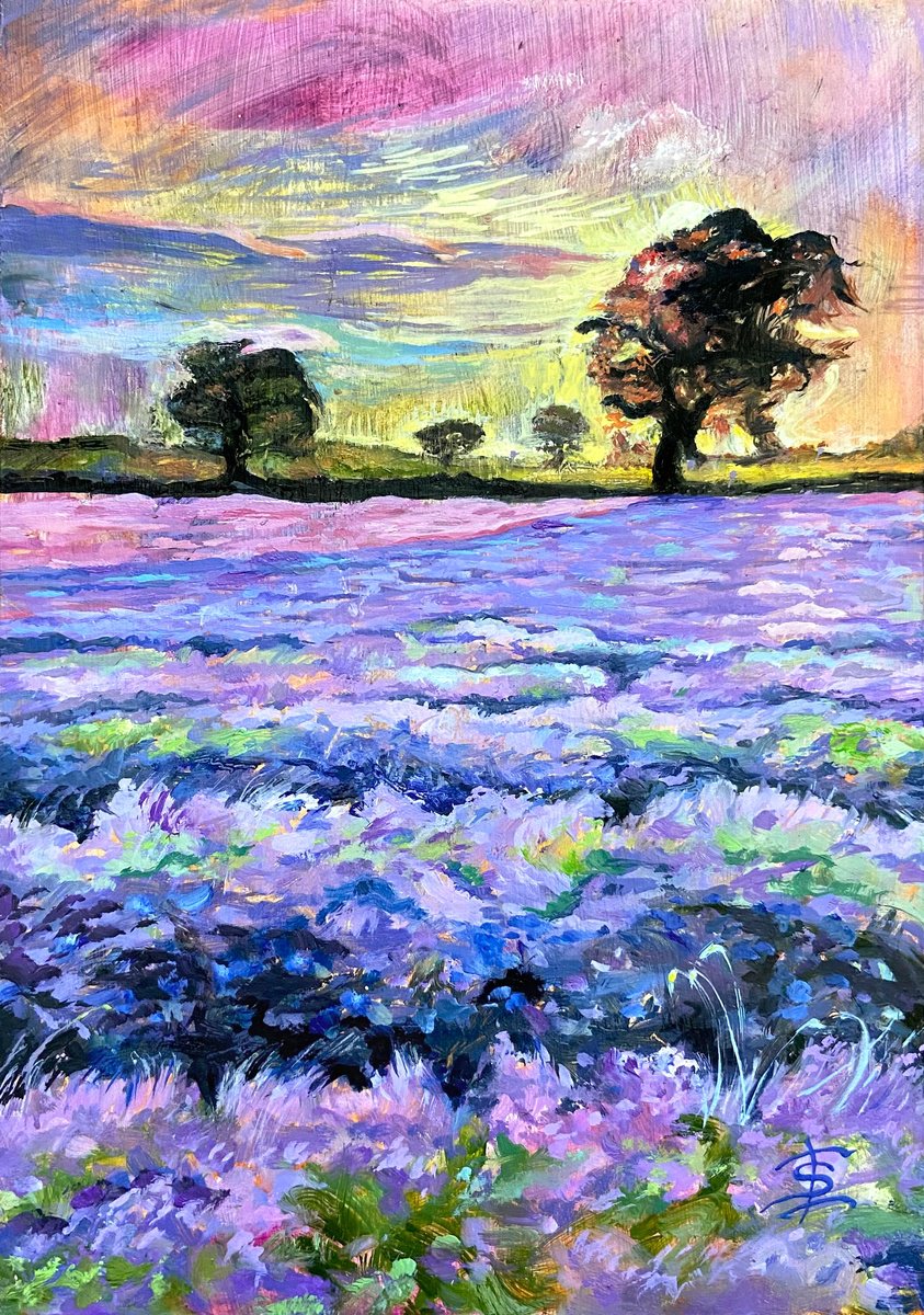 Impressionistic Landscape Oil Painting By Elvira Sesenina, 7 X 10, Lavender Field, Original Artwork