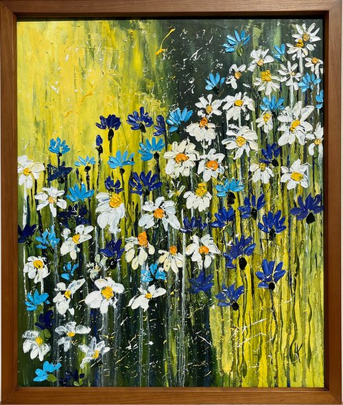 Daisy & Cornflowers "Dance of the summer" Original Oil Impasto Painting by Halyna Kirichenko