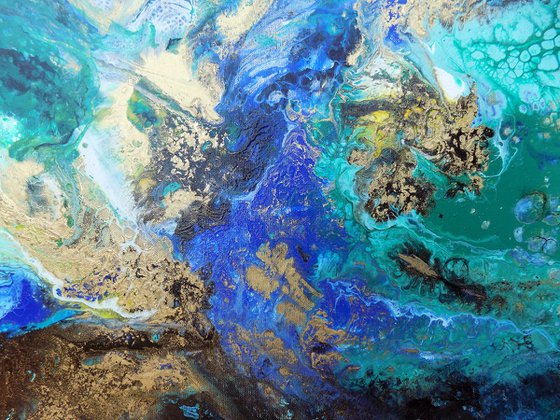 Αbstract painting art blue green gold metallic - Deep river