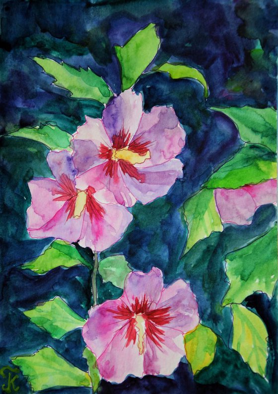 Flowers watercolor postcard, painting Plants Hibiscus