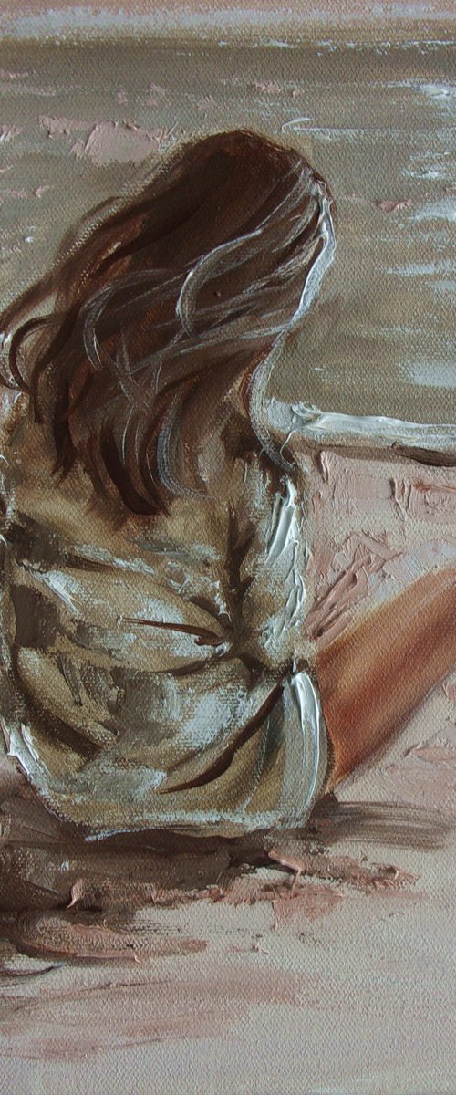 " SILENCE... " SUN SKY SEA SAND liGHt  ORIGINAL OIL PAINTING, GIFT, PALETTE KNIFE by Monika Luniak