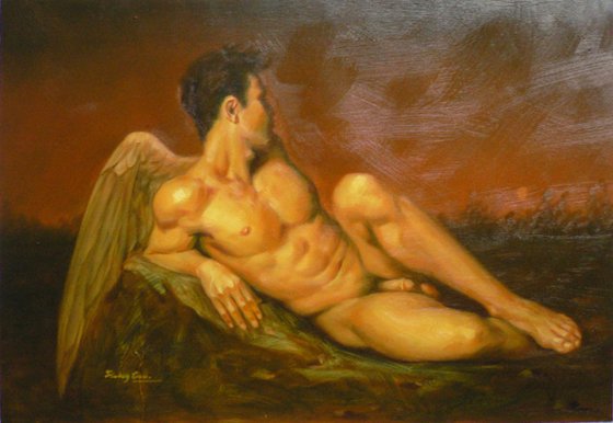 ORIGINAL CLASSICAL REALISM OIL PAINTING ART ANGEL OF MALE NUDE  MEN  ON CANVAS #11-19-01