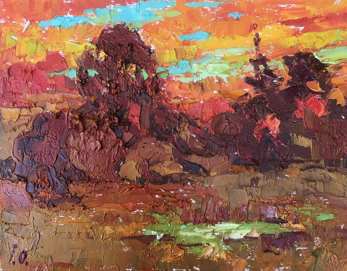 Impressionistic Landscape Oil Painting By Kalenyuk Alex, 10 X 8", Crimson Evening, Original Artwork
