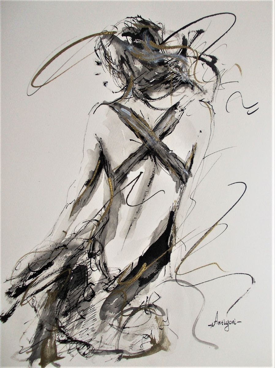 Figurative  Drawing  On Paper-Woman Series Ink Drawings by Antigoni Tziora