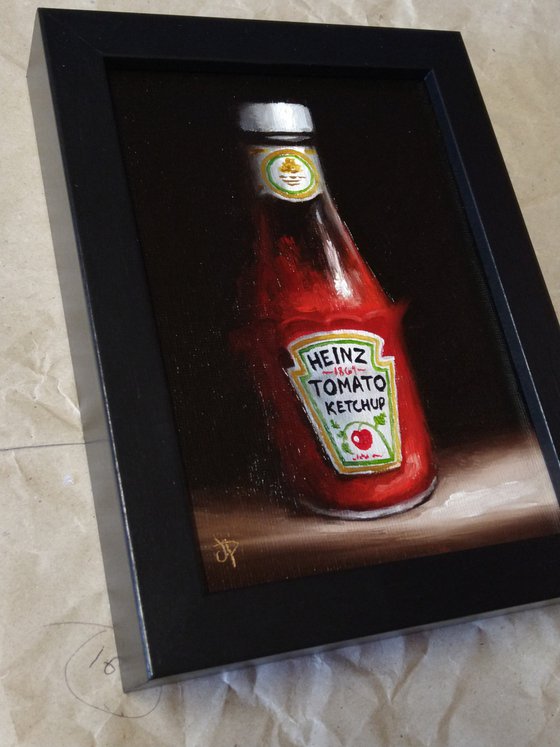 Small ketchup bottle framed still life