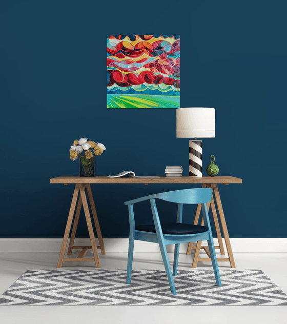 Sunset (60x60cm, cubism, oil painting, ready to hang)