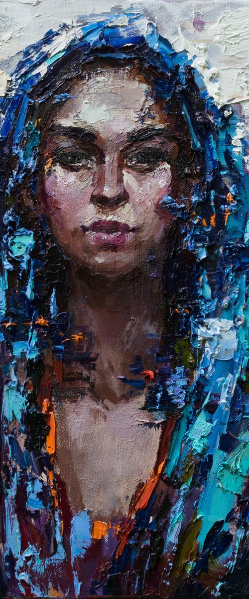 Woman in Blue head scarf - Original oil painting by Anastasiia Valiulina