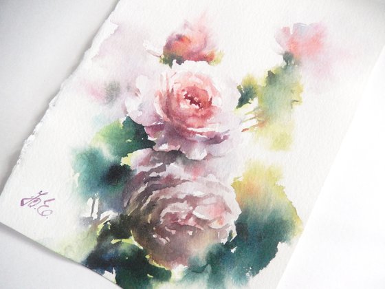 Pink roses, small watercolor Garden painting