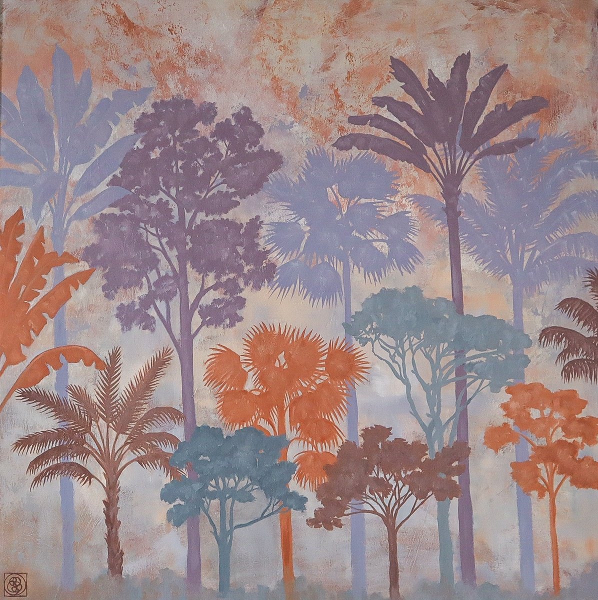Botanical Oil Painting By Katia Bellini, 37 X 37", Botanical Garden Trees, Original Artwork