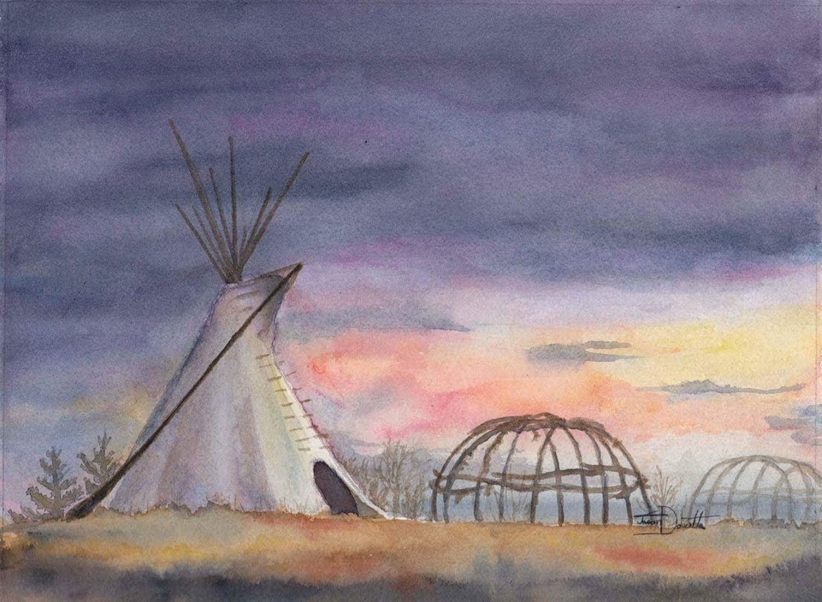 Peace Valley - Regina Saskatchewan Canada, Teepee, sweat lodge, original watercolor by Jason Edward Doucette