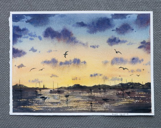 Sunset at the pier. Original watercolor artwork.