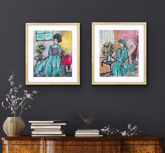 Girl reading a book and vase of flowers - Diptych