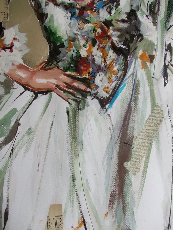Marie with Tulips- Woman portrait acrylic mixed media painting on paper
