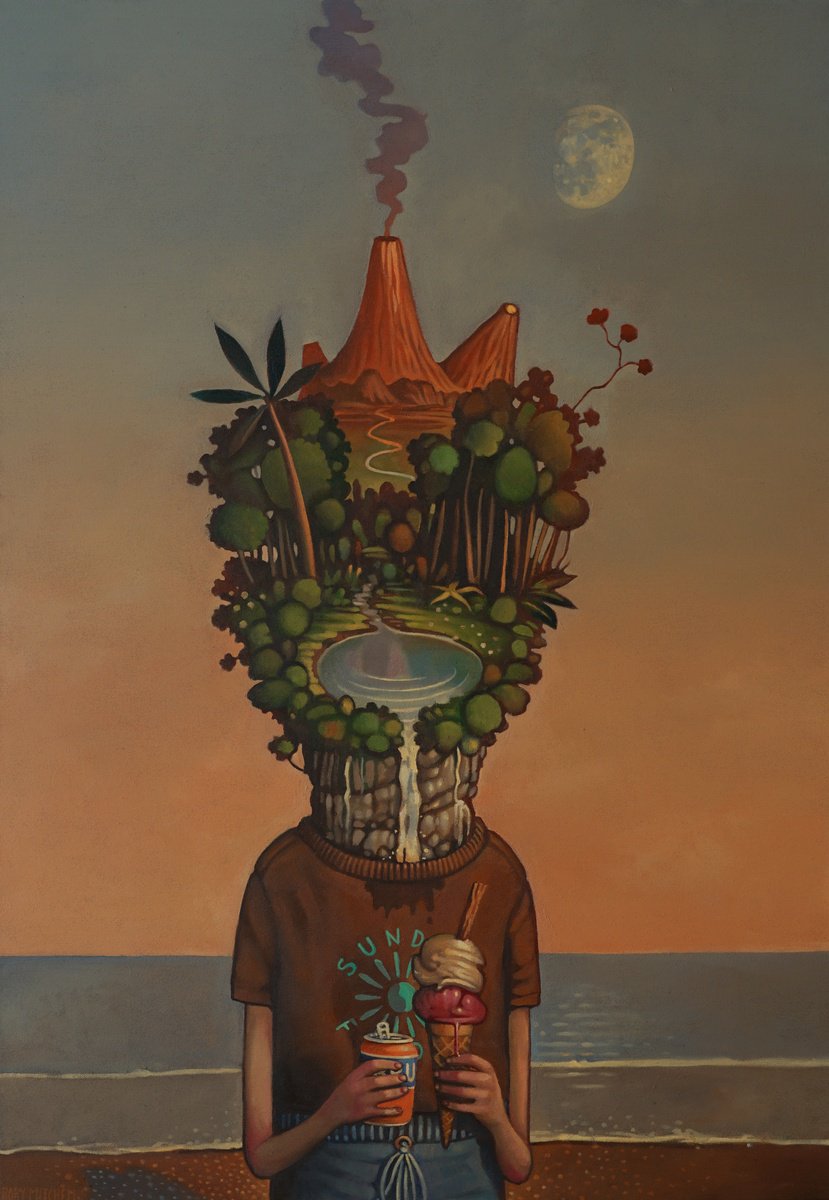 Surrealistic Portrait Oil Painting By Rory Mitchell, 28 X 39", Sunday Funday, Original Artwork