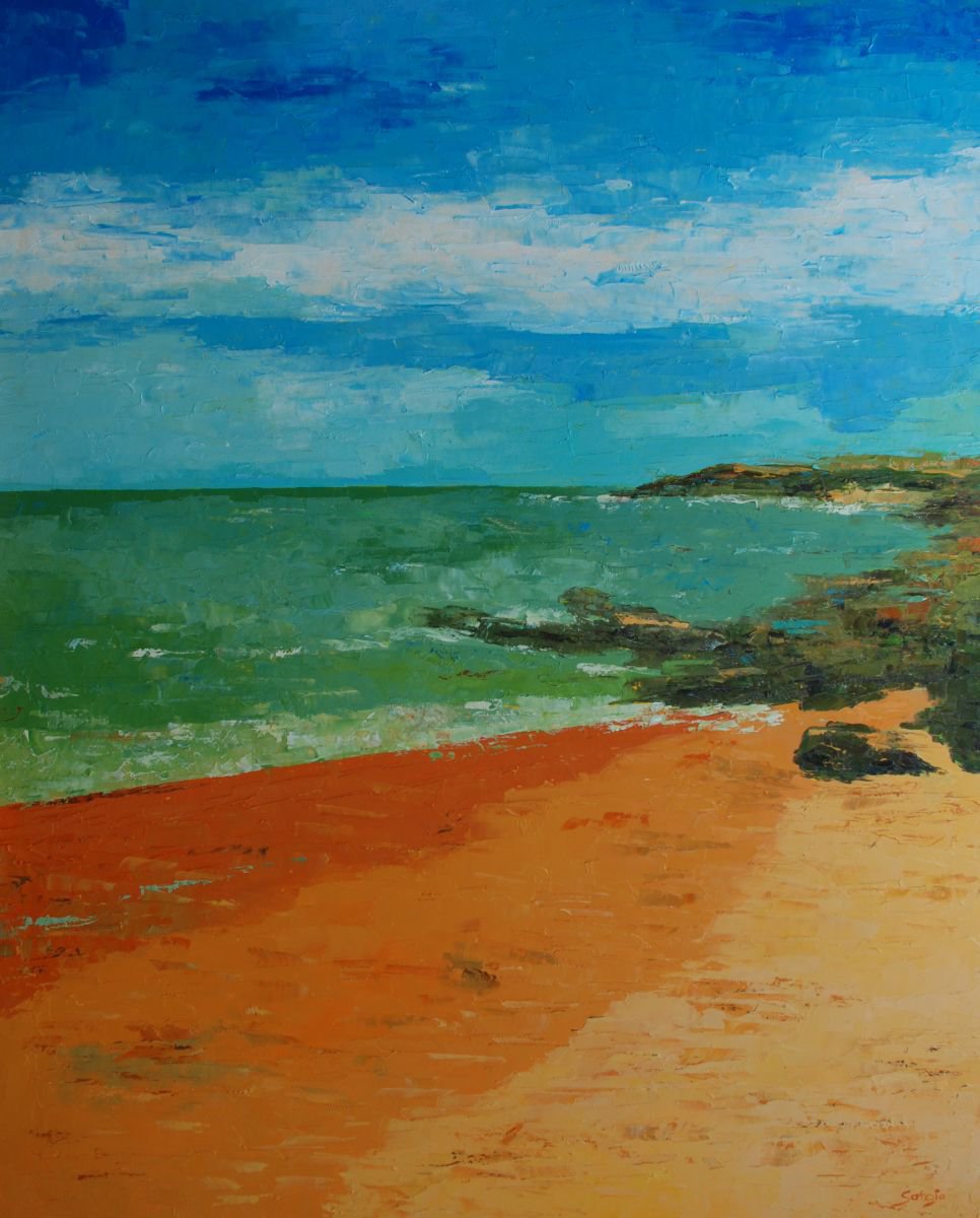 Abstract Landscape Oil Painting By Saroja Van Der Stegen, 33 X 41", Beach (Ref #:1252-40F), Original Artwork