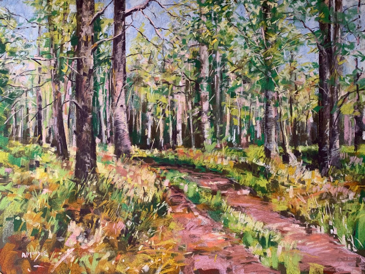 Impressionistic Landscape Pastel Drawing By Andrew Moodie, 24 X 18, Black Wood Tracks, Original Artwork