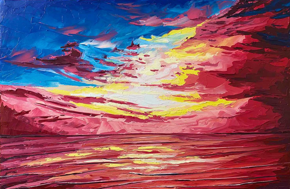 Impressionistic Landscape Oil Painting By Elena Adele Dmitrenko, 16 X 24, Bright Violet Sunset, Original Artwork