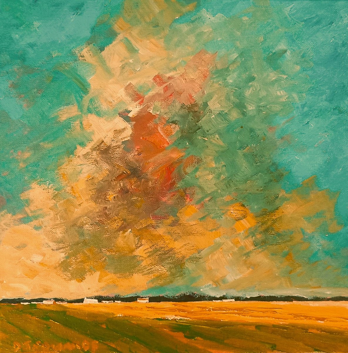 Impressionistic Landscape Acrylic Painting By David J Edwards, 12 X 12, Small Village, Big Sky, Original Artwork