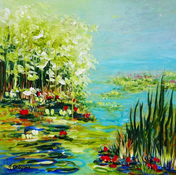 WATER LILY POND II. WATER REFLECTIONS.  Modern Impressionism inspired by Claude Monet Water-lilies