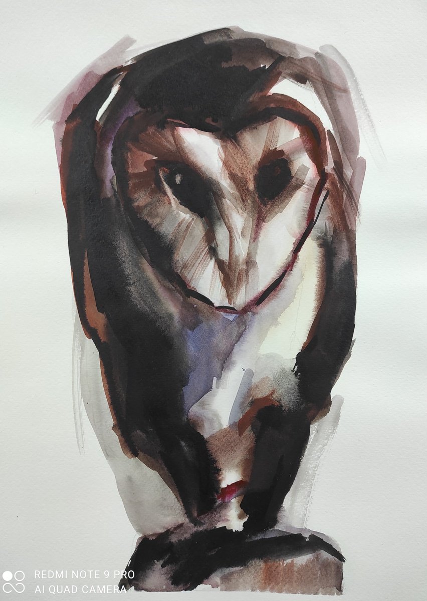 Illustrative Animal Watercolour By Lena Vylusk, 9 X 13", "Owl", Original Artwork