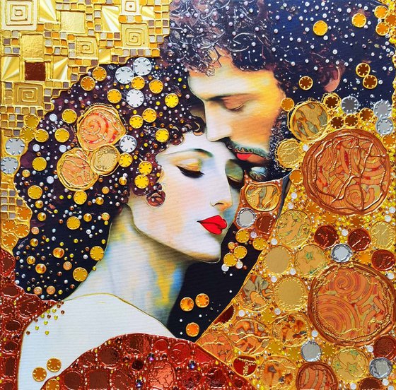 Love original painting. Golden decorative artwork with gold leaf. Gift for woman \ wife