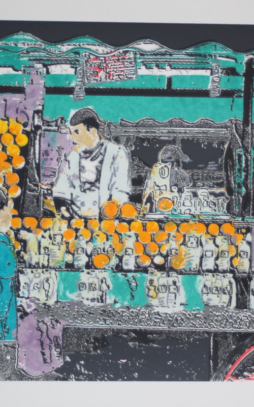 Moroccan Orange Fruit Seller - Turquoise and Purple by Rebecca de boehmler