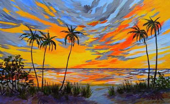 OCEAN SUNSET. Contemporary Florida Sunset Painting in Bold Orange, Purple, Yellow Colors