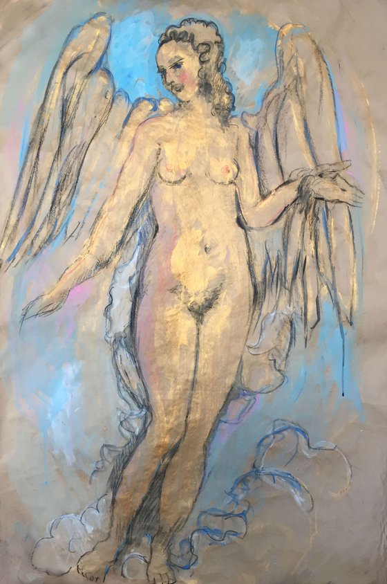 ANGEL - Graphics - Drawing - XL Large Nude Art - original painting drawing angel love gold beautiful female nude Paris architecture - Christmas gift
