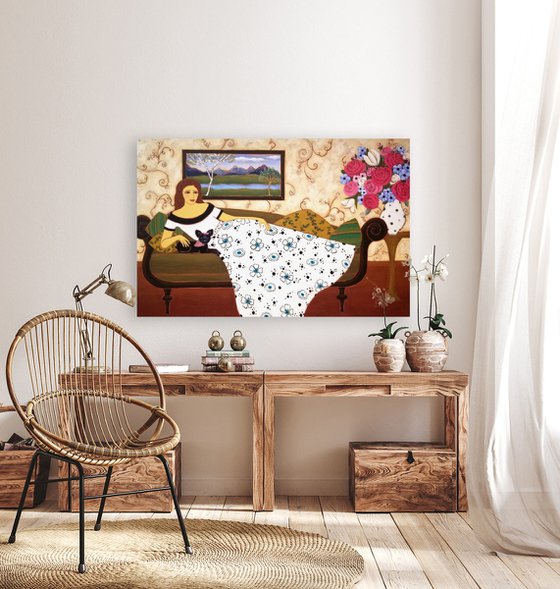 Woman with Ivory Gown and Landscape