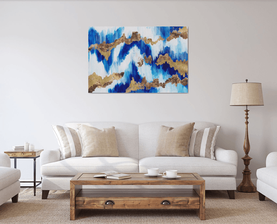 "Northern ligths"  landscape, original acrylic painting, abstract art, office home decor, gold, blue