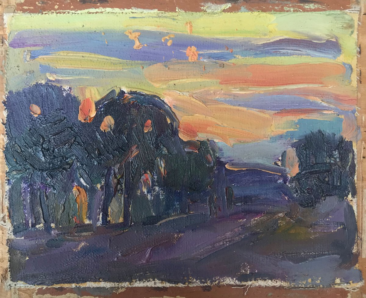 Impressionistic Landscape Oil Painting By Peter Tovpev, 8 X 7", Evening Park, Original Artwork