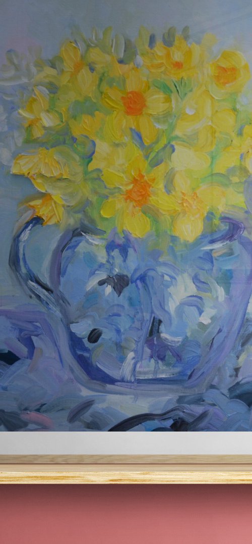 Daffodils in Blue Jug by Lesley Blackburn