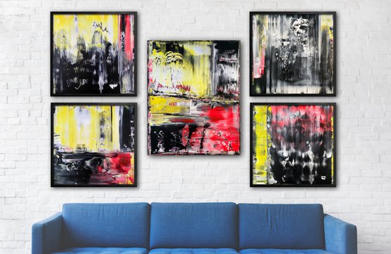 "We Want To Punk You Up" - Save As A Series - Original PMS Large Abstract Five Panel Acrylic Paintings On Plexiglass and Gallery Wrap Canvas, Framed - 80" x 52"