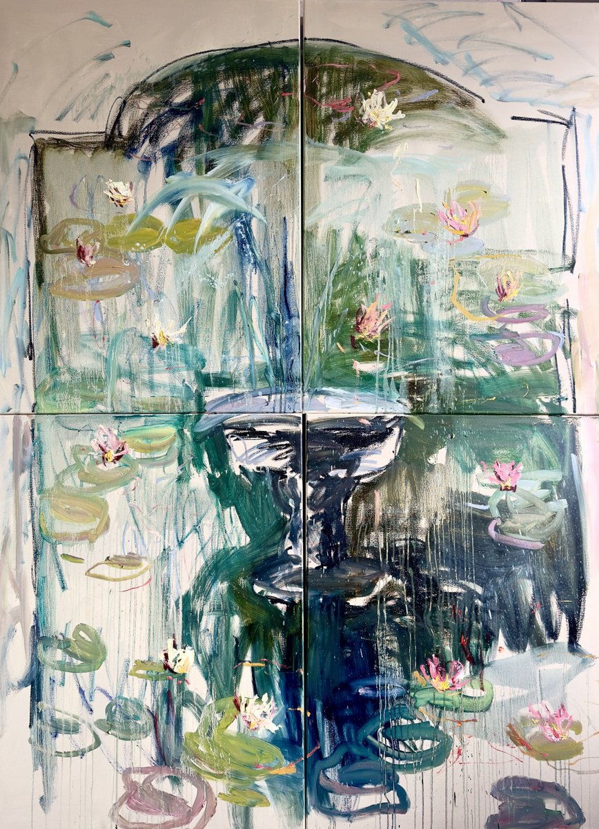 Expressive Abstract Oil Painting By Lilia Orlova-Holmes, 60 X 79", The Old Pond. Tetraptych, Original Artwork