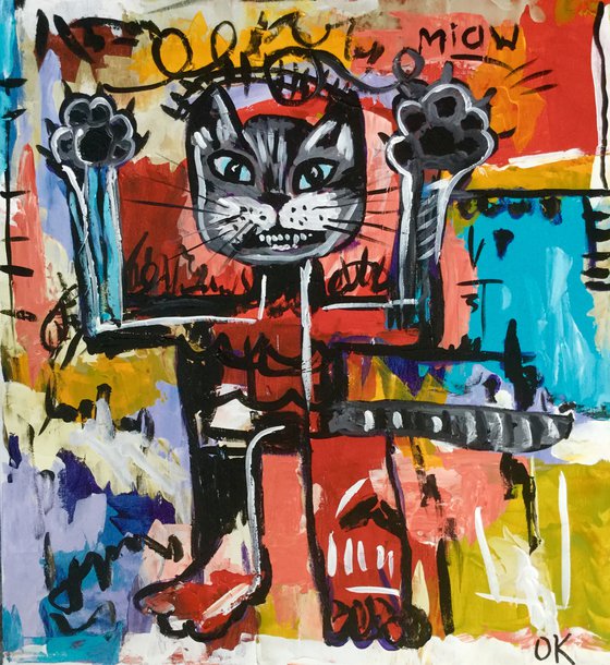 Red and Grey cat without a CROWN version of famous painting by Jean-Michel Basquiat