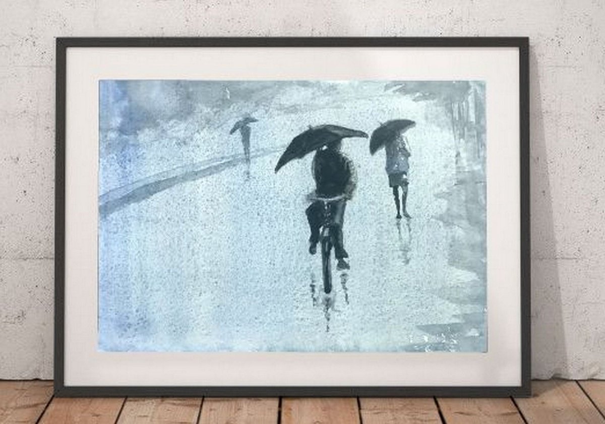 Cyclist in the rains - Monsoons -(3) Ordinary people 11.5x 8.25 by Asha Shenoy