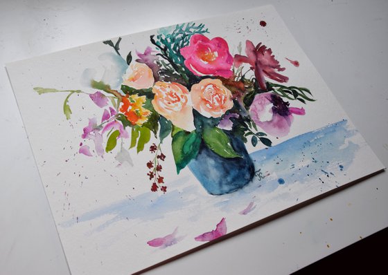 Flower bouquet painting, roses wall art, poppy original artwork, floral decor